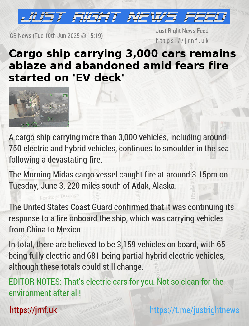 Cargo ship carrying 3,000 cars remains ablaze and abandoned amid fears fire started on ’EV deck’