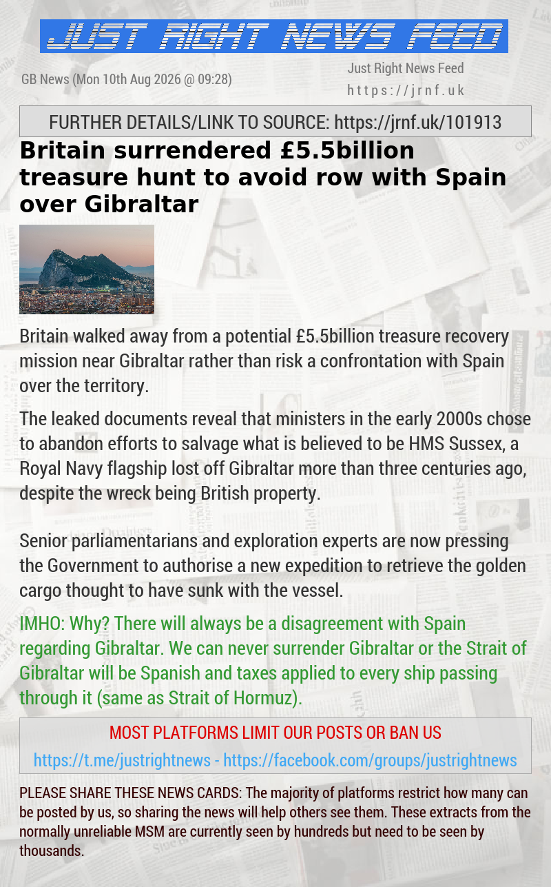 Britain surrendered &pound;5.5billion treasure hunt to avoid row with Spain over Gibraltar