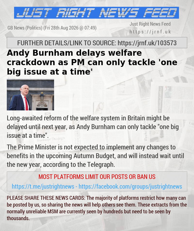 Andy Burnham delays welfare crackdown as PM can only tackle ’one big issue at a time’