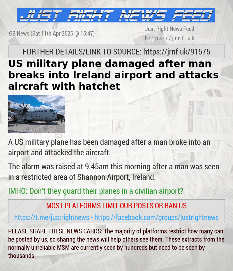 US military plane damaged after man breaks into Ireland airport and attacks aircraft with hatchet