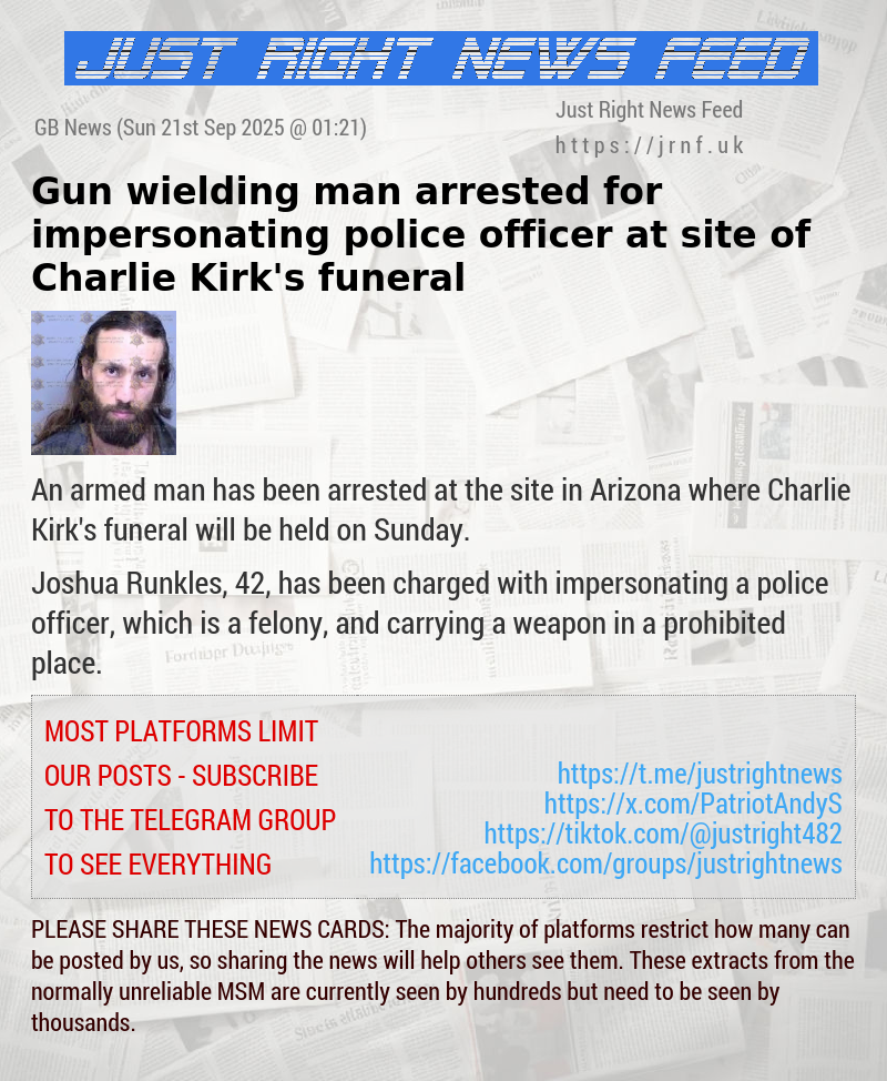 Gun—wielding man arrested for impersonating police officer at site of Charlie Kirk’s funeral