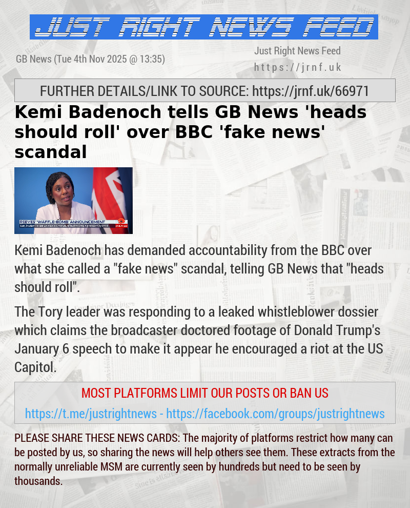 Kemi Badenoch tells GB News ’heads should roll’ over BBC ’fake news’ scandal
