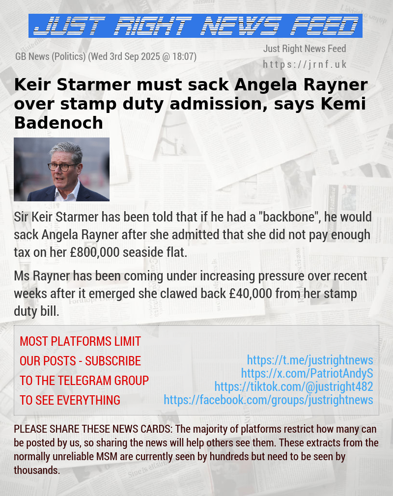 Keir Starmer must sack Angela Rayner over stamp duty admission, says Kemi Badenoch