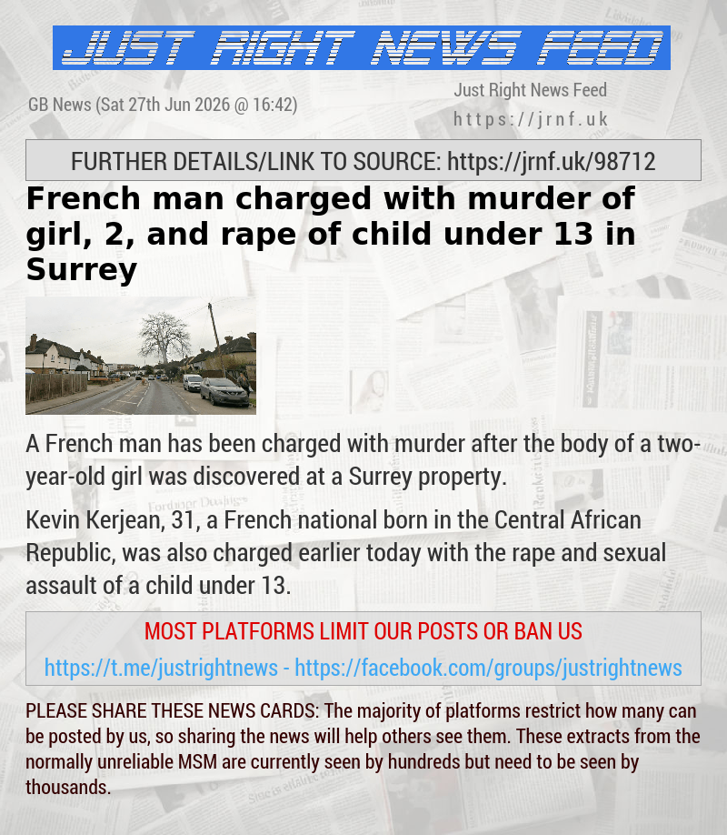 French man charged with murder of girl, 2, and rape of child under 13 in Surrey