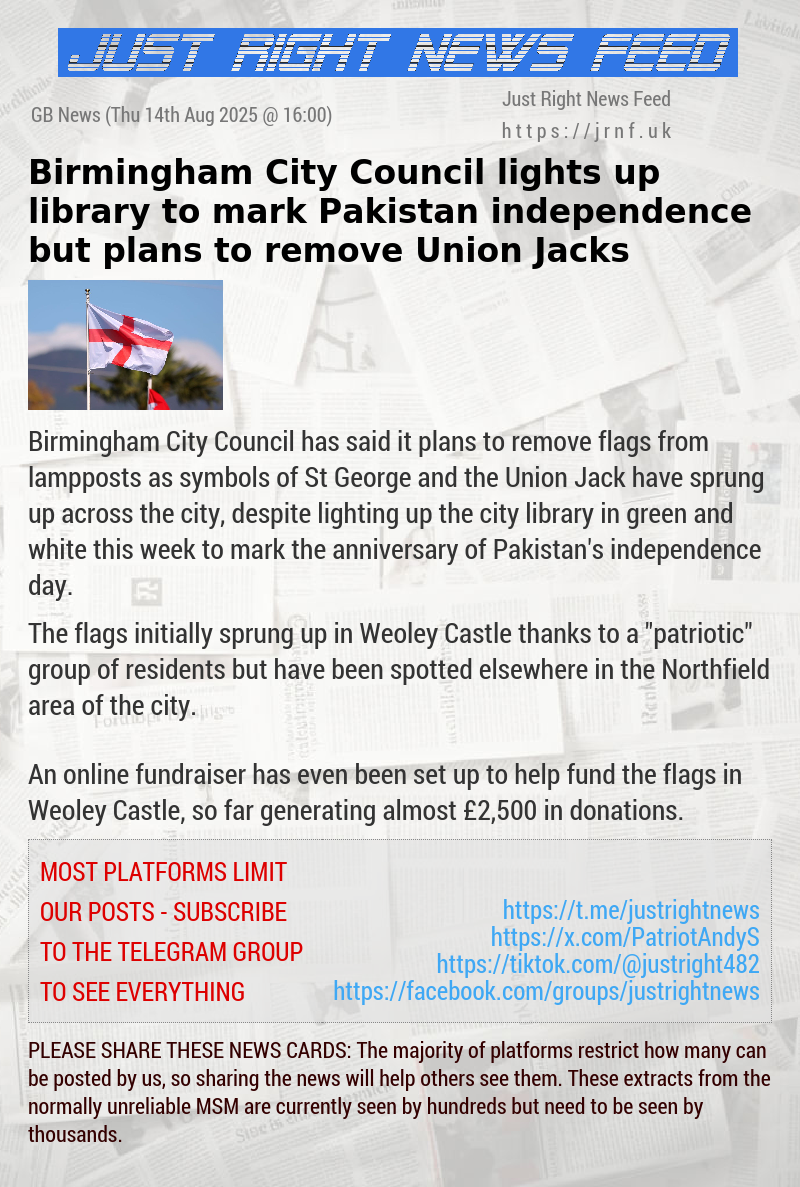 Birmingham City Council lights up library to mark Pakistan independence but plans to remove Union Jacks