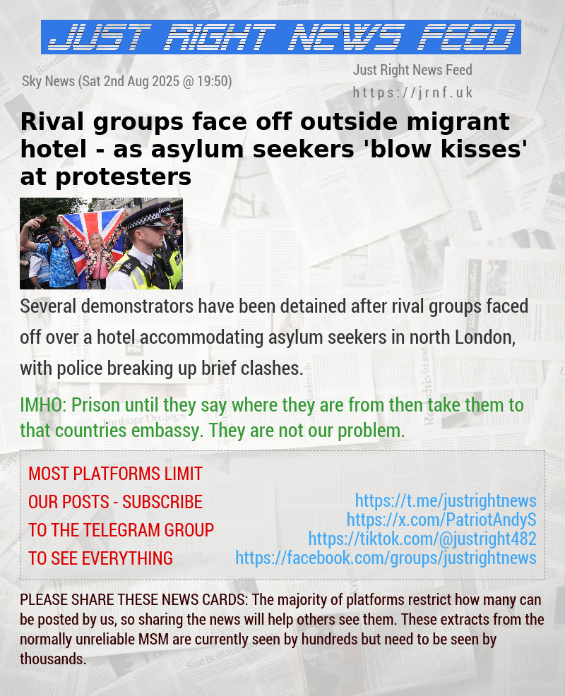 Rival groups face off outside migrant hotel — as asylum seekers ’blow kisses’ at protesters