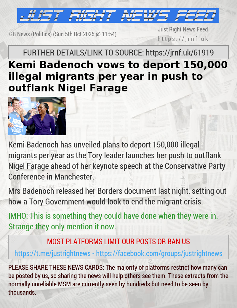 Kemi Badenoch vows to deport 150,000 illegal migrants per year in push to outflank Nigel Farage