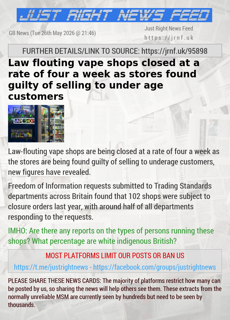 Law—flouting vape shops closed at a rate of four a week as stores found guilty of selling to under—age customers