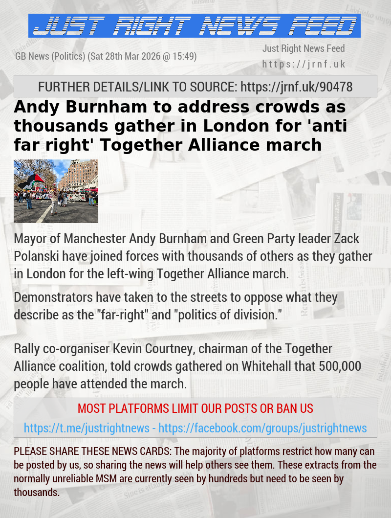 Andy Burnham to address crowds as thousands gather in London for ’anti far—right’ Together Alliance march