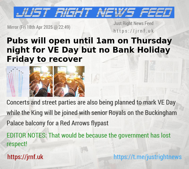 Pubs will open until 1am on Thursday night for VE Day — but no Bank Holiday Friday to recover