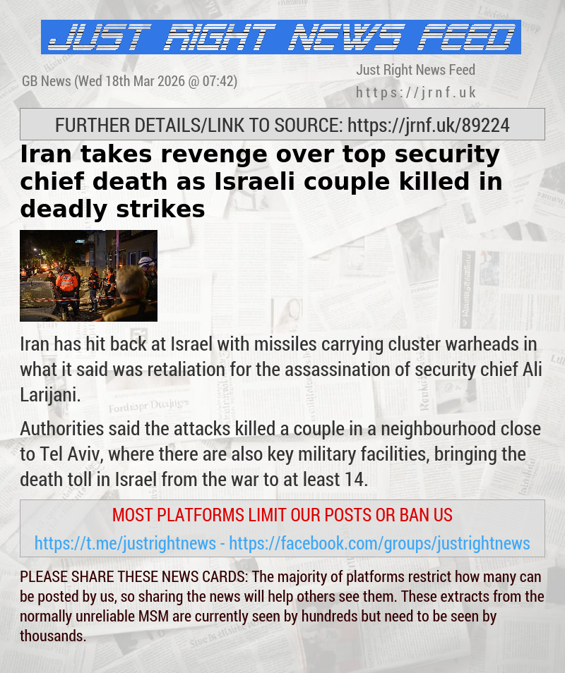 Iran takes revenge over top security chief death as Israeli couple killed in deadly strikes