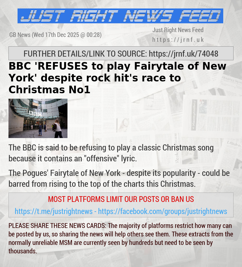 BBC ’REFUSES to play Fairytale of New York’ despite rock hit’s race to Christmas No1