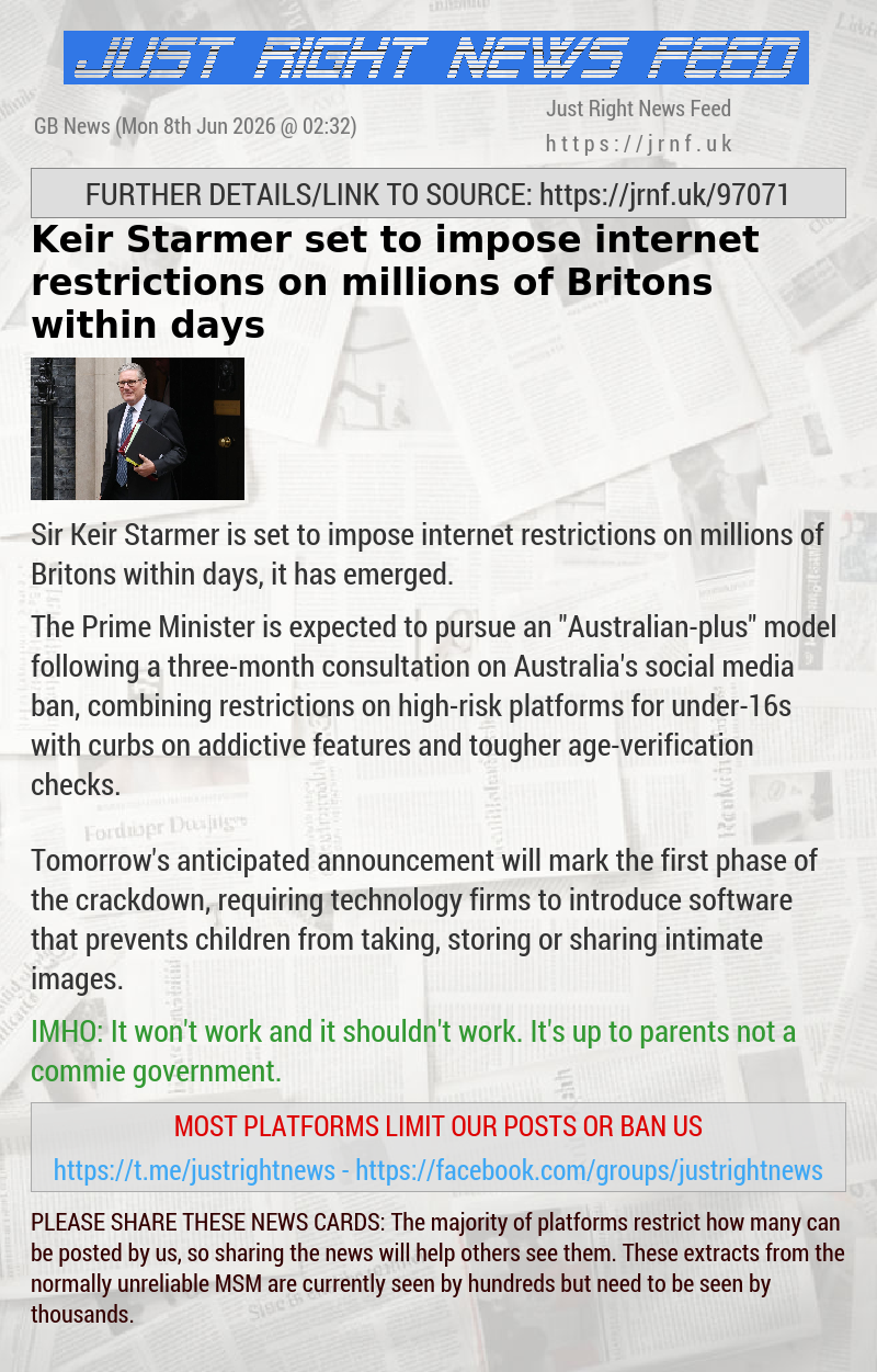 Keir Starmer set to impose internet restrictions on millions of Britons within days