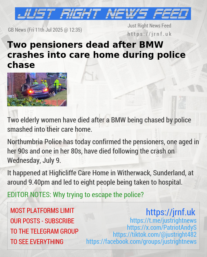 Two pensioners dead after BMW crashes into care home during police chase