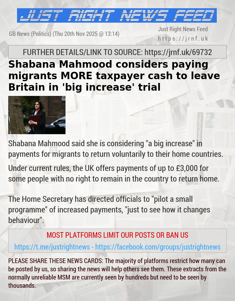 Shabana Mahmood considers paying migrants MORE taxpayer cash to leave Britain in ’big increase’ trial