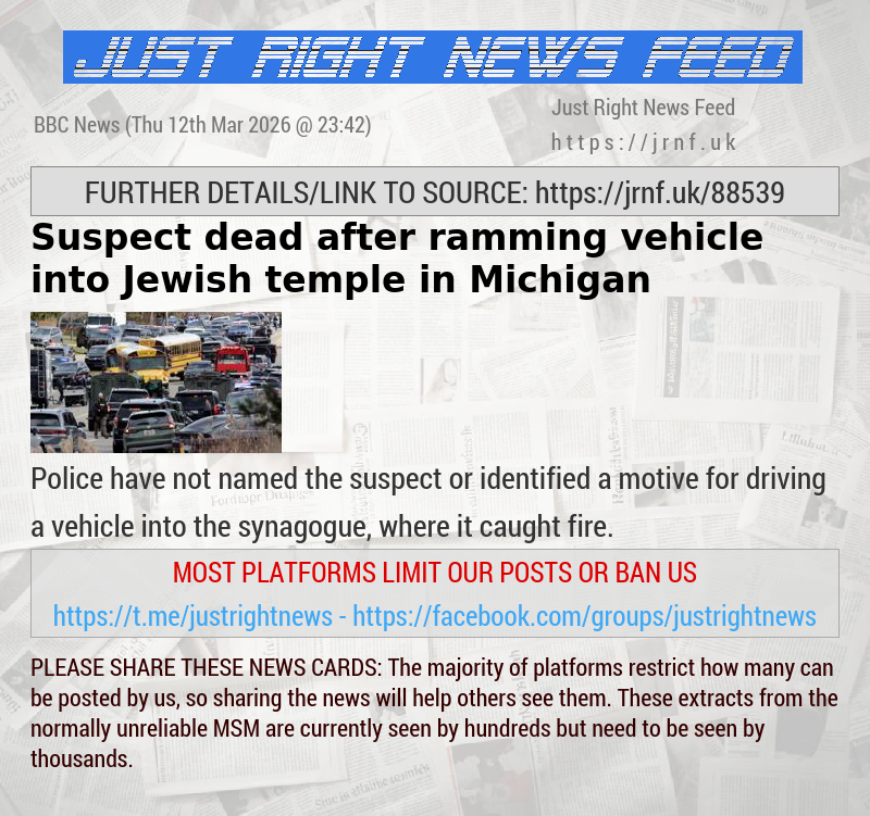 Suspect dead after ramming vehicle into Jewish temple in Michigan