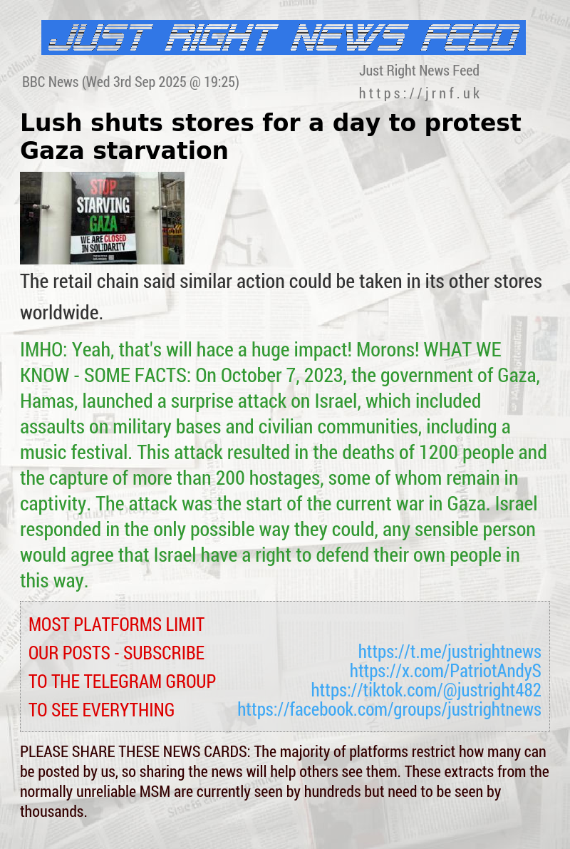 Lush shuts stores for a day to protest Gaza starvation