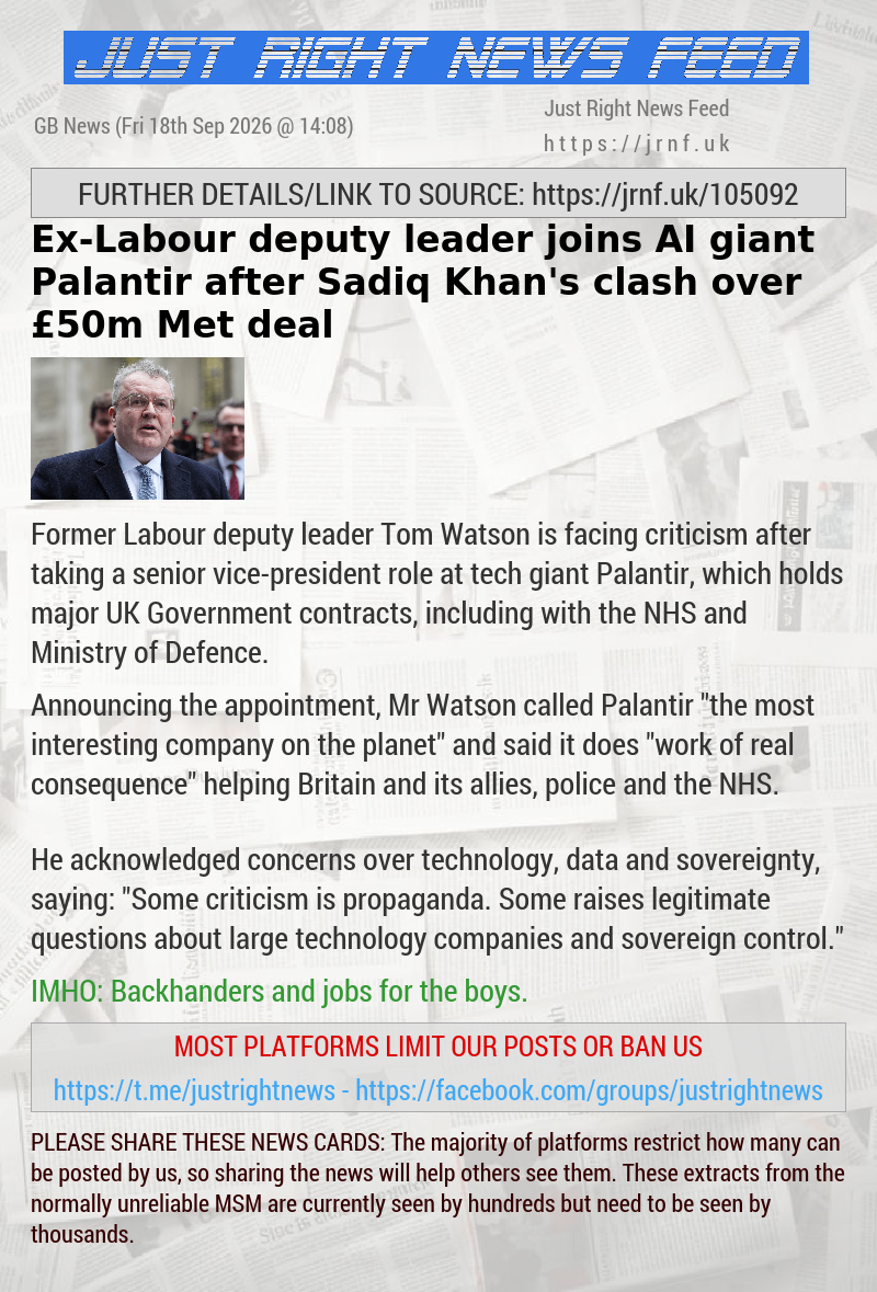 Ex—Labour deputy leader joins AI giant Palantir after Sadiq Khan’s clash over &pound;50m Met deal