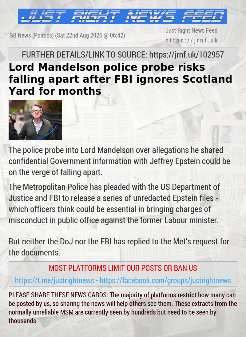 Lord Mandelson police probe risks falling apart after FBI ignores Scotland Yard for months
