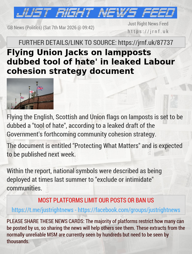 Flying Union Jacks on lampposts dubbed ‘tool of hate’ in leaked Labour cohesion strategy document