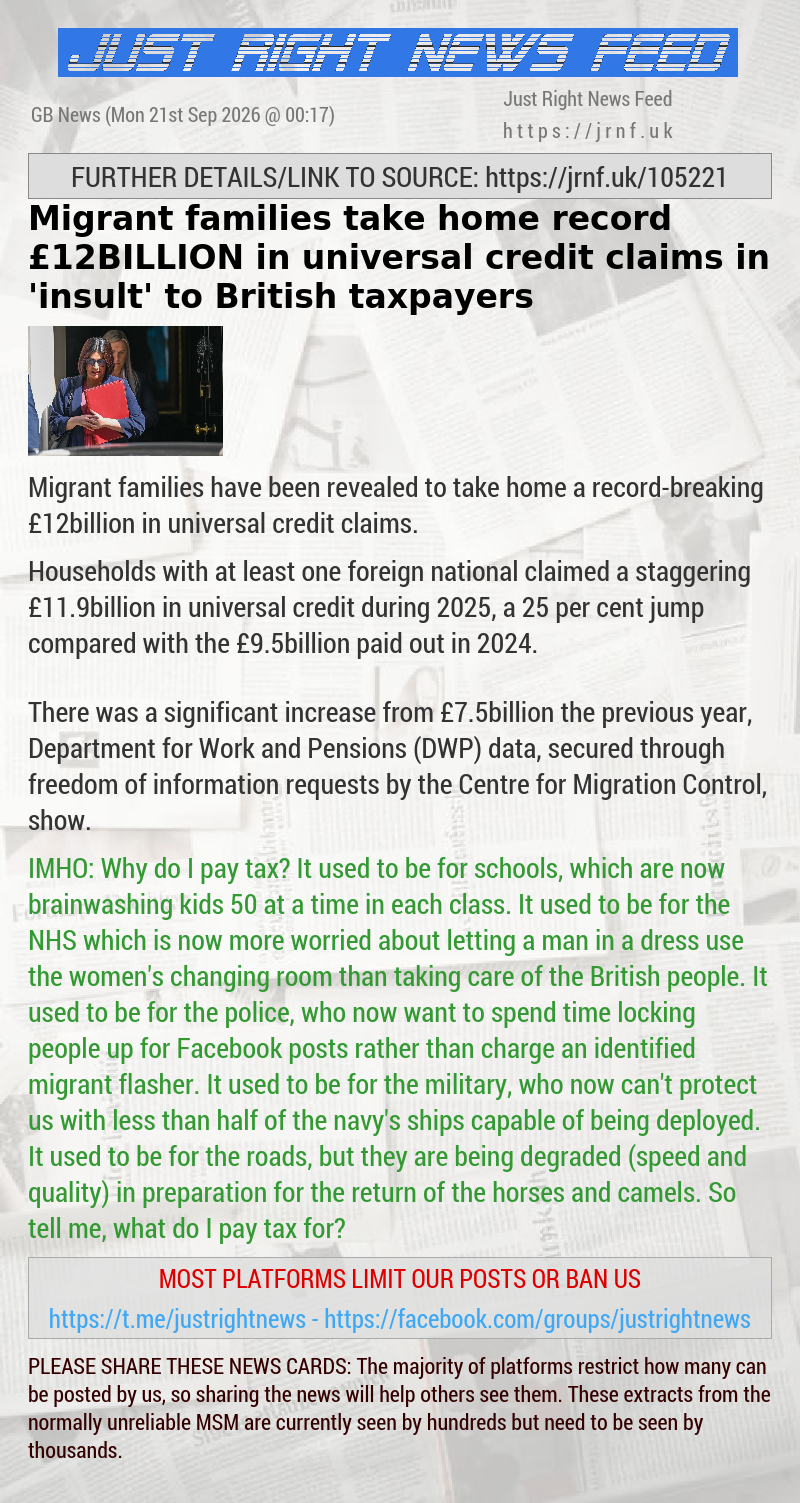 Migrant families take home record &pound;12BILLION in universal credit claims in ’insult’ to British taxpayers