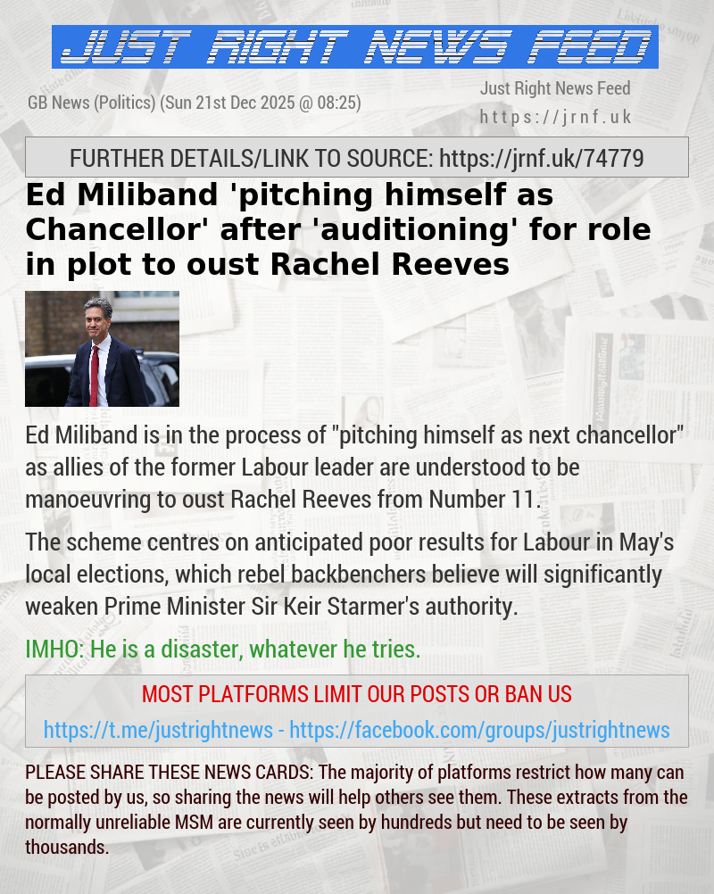 Ed Miliband ‘pitching himself as Chancellor’ after ’auditioning’ for role in plot to oust Rachel Reeves