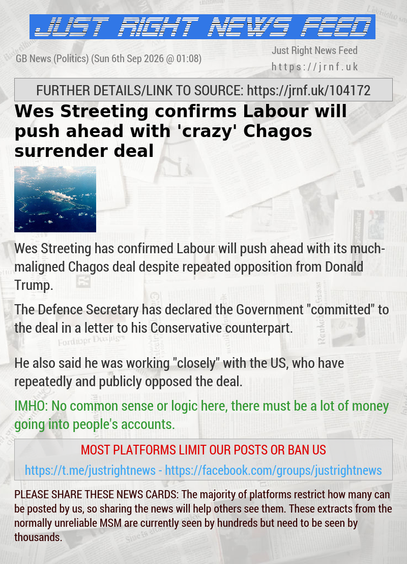 Wes Streeting confirms Labour will push ahead with ’crazy’ Chagos surrender deal