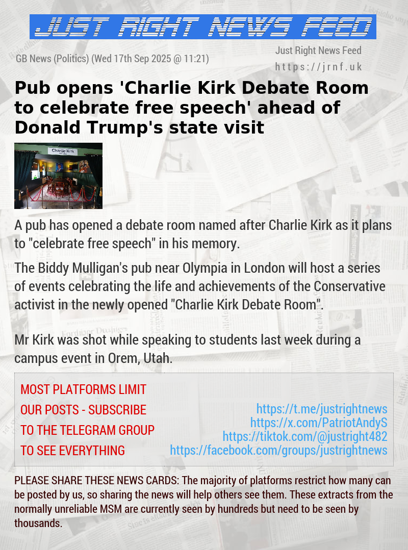 Pub opens ’Charlie Kirk Debate Room to celebrate free speech’ ahead of Donald Trump’s state visit