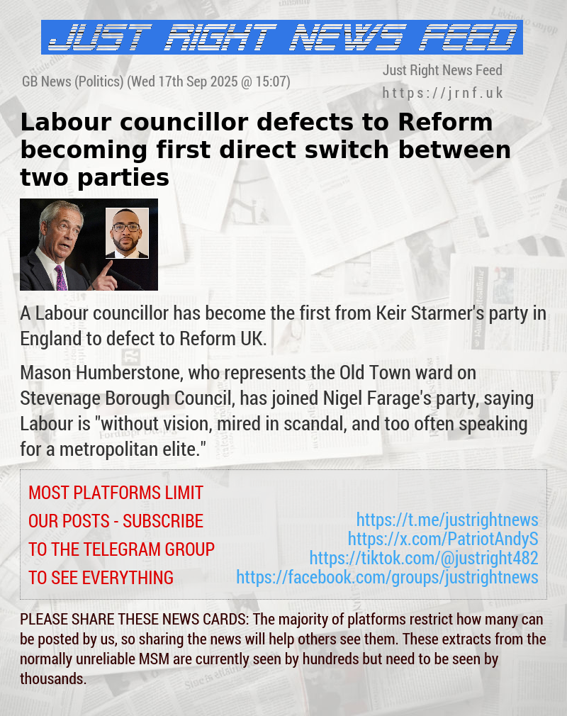 Labour councillor defects to Reform becoming first direct switch between two parties