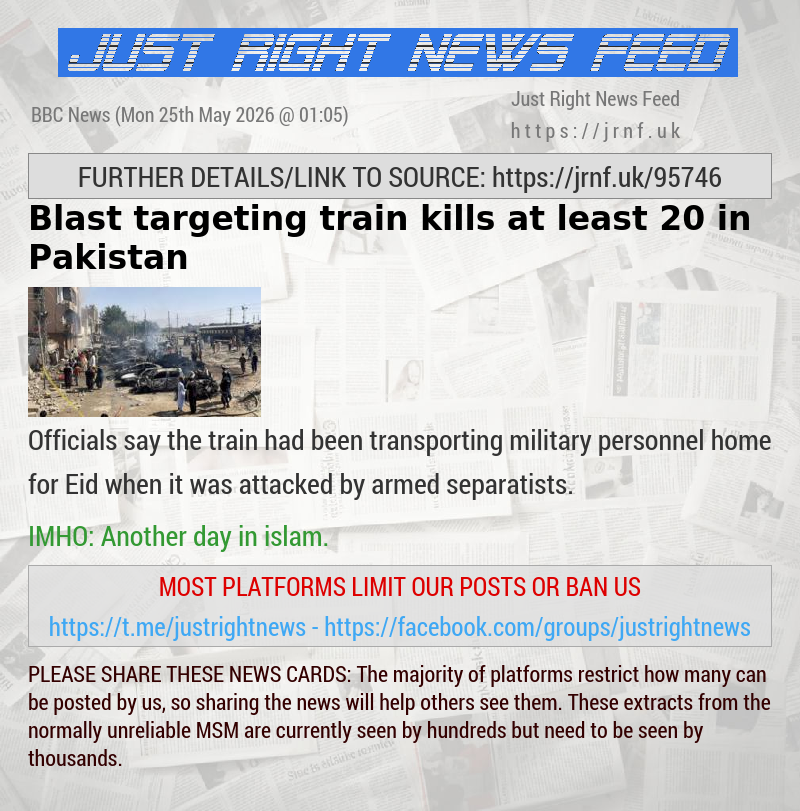 Blast targeting train kills at least 20 in Pakistan