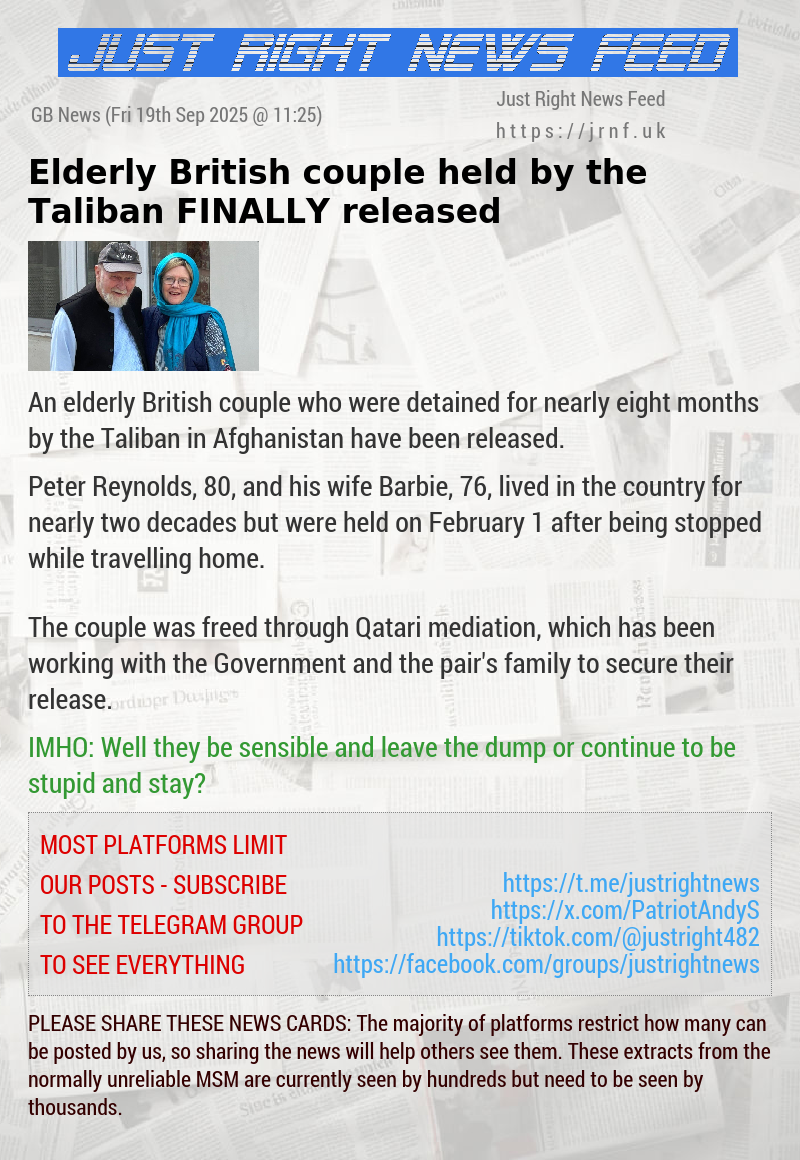 Elderly British couple held by the Taliban FINALLY released