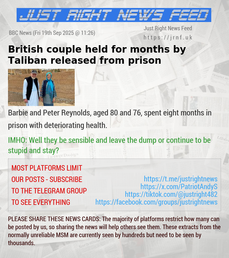 British couple held for months by Taliban released from prison