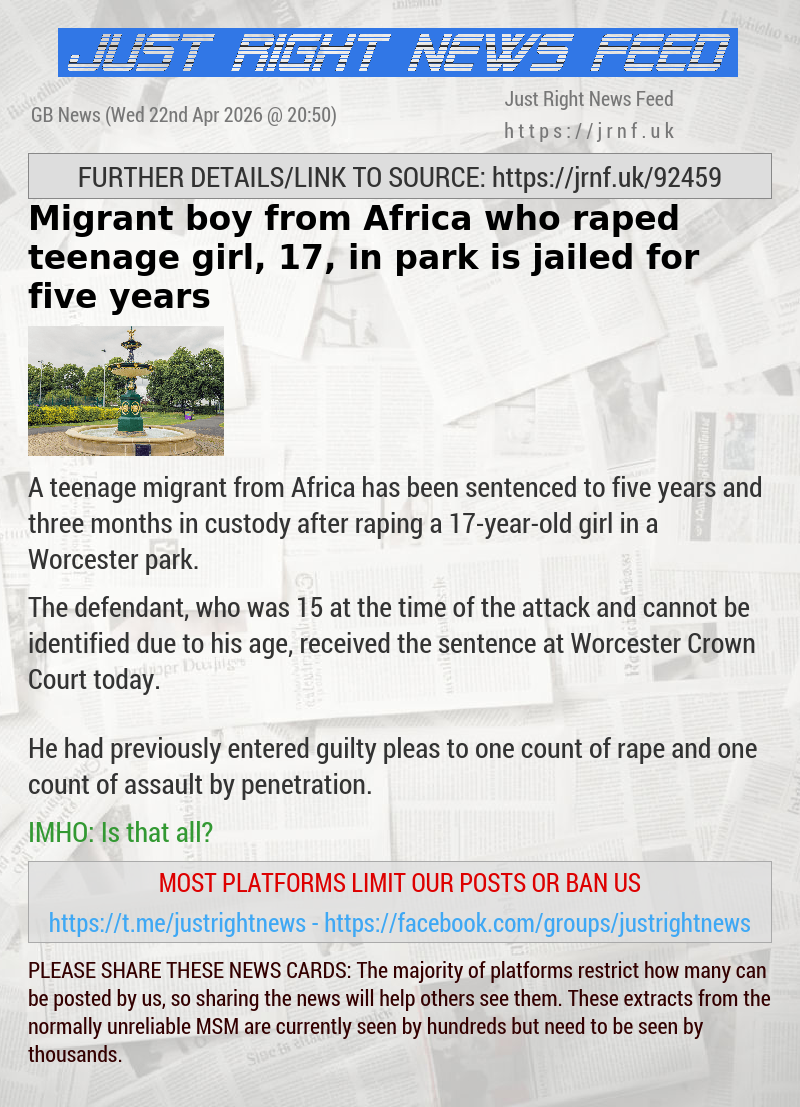 Migrant boy from Africa who raped teenage girl, 17, in park is jailed for five years