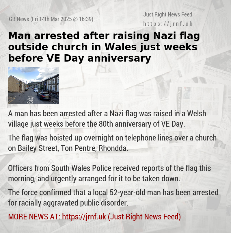 Man arrested after raising Nazi flag outside church in Wales just weeks before VE Day anniversary