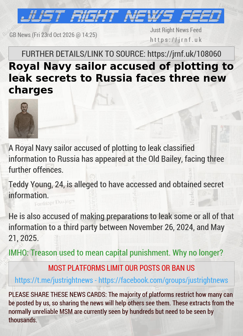 Royal Navy sailor accused of plotting to leak secrets to Russia faces three new charges