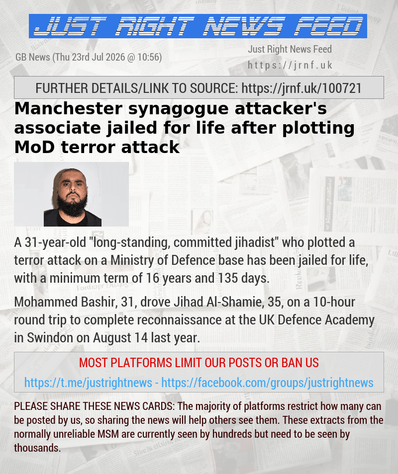 Manchester synagogue attacker’s associate jailed for life after plotting MoD terror attack