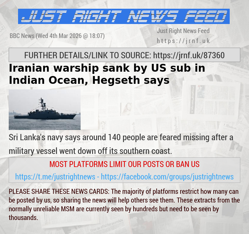 Iranian warship sank by US sub in Indian Ocean, Hegseth says