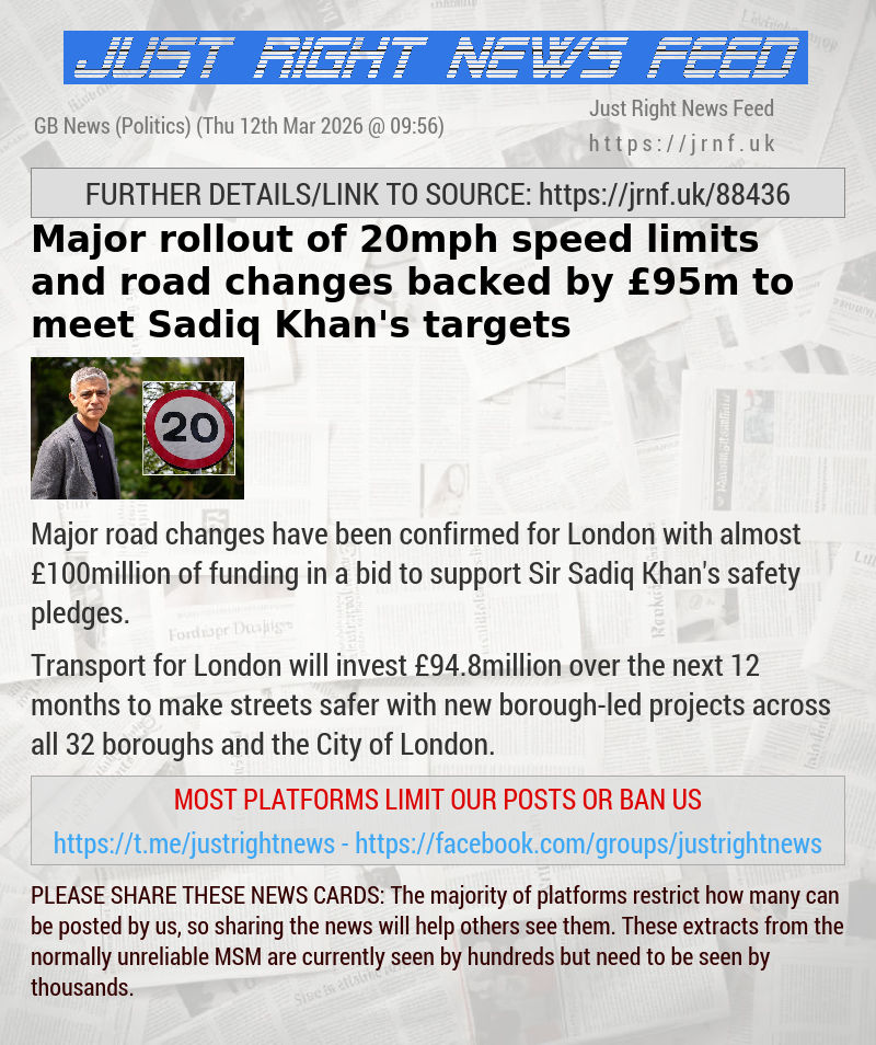 Major rollout of 20mph speed limits and road changes backed by &pound;95m to meet Sadiq Khan’s targets