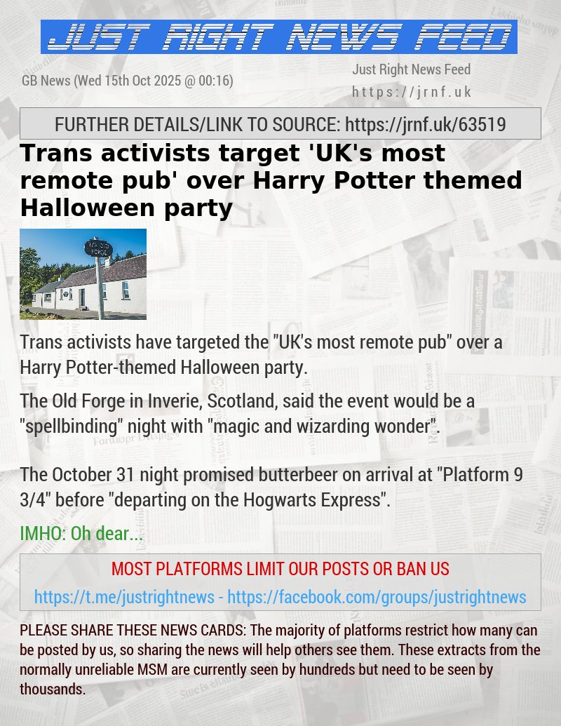 Trans activists target ’UK’s most remote pub’ over Harry Potter themed Halloween party
