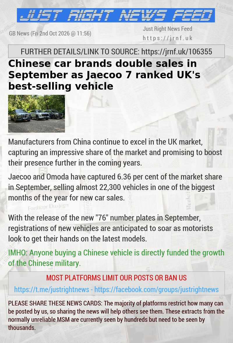 Chinese car brands double sales in September as Jaecoo 7 ranked UK’s best—selling vehicle
