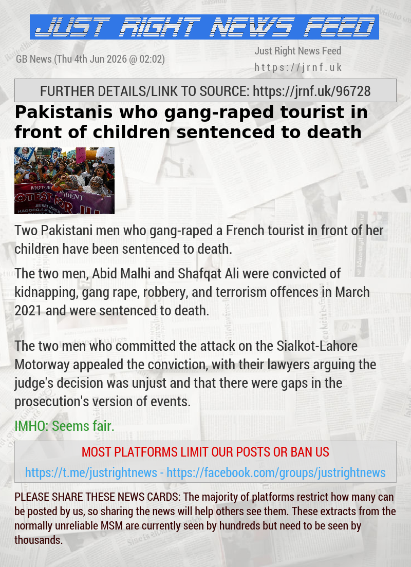 Pakistanis who gang—raped tourist in front of children sentenced to death