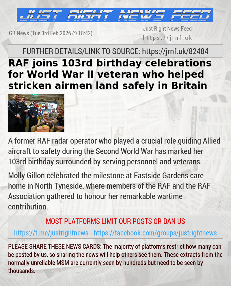 RAF joins 103rd birthday celebrations for World War II veteran who helped stricken airmen land safely in Britain