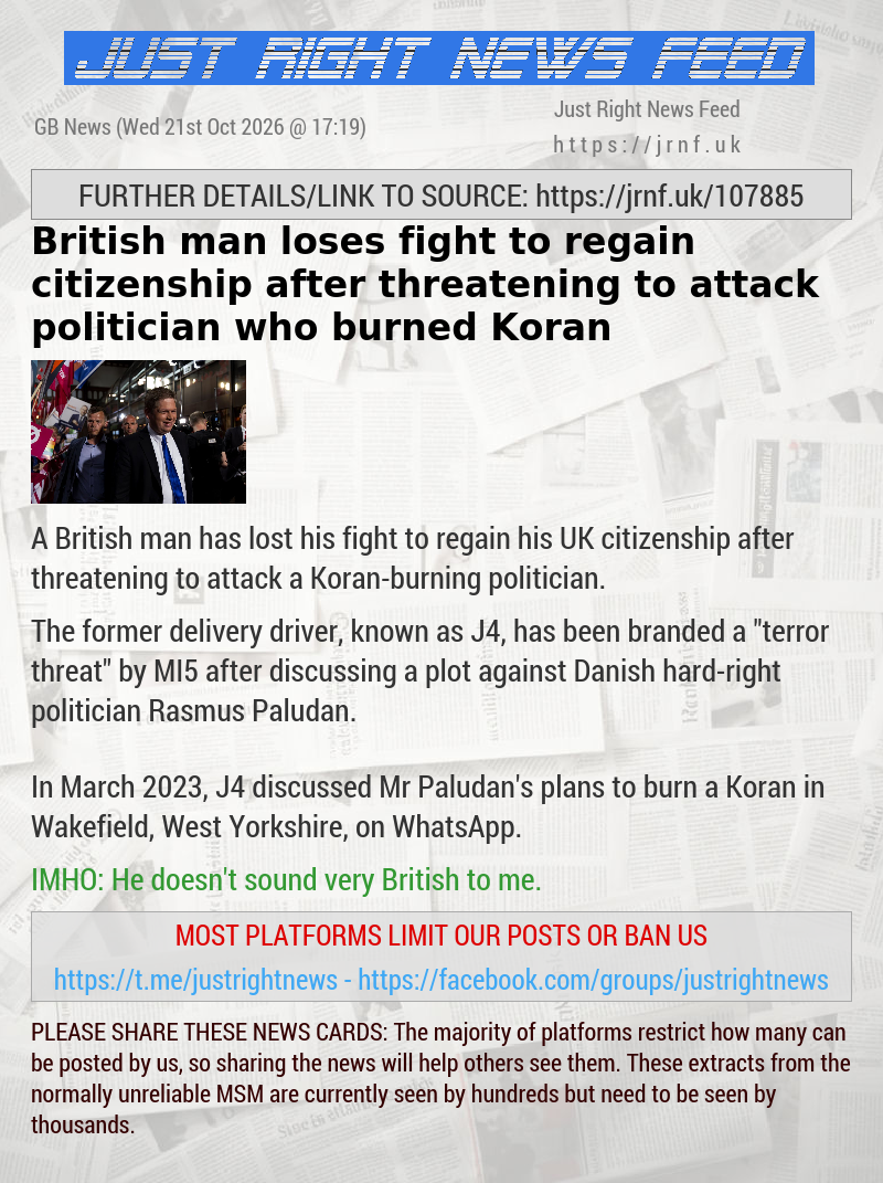 British man loses fight to regain citizenship after threatening to attack politician who burned Koran
