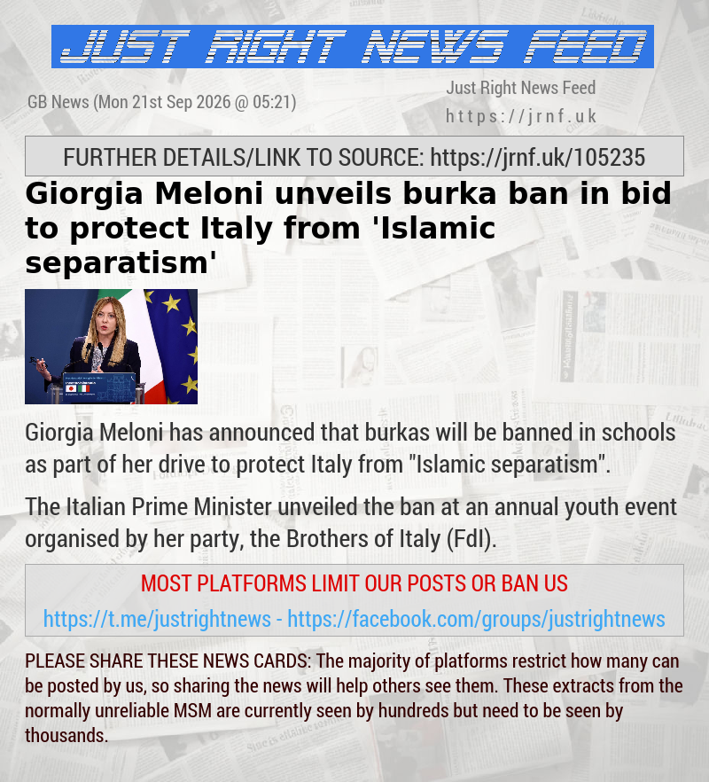 Giorgia Meloni unveils burka ban in bid to protect Italy from ’Islamic separatism’