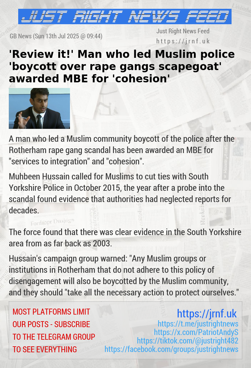 ’Review it!’ Man who led Muslim police ’boycott over rape gangs scapegoat’ awarded MBE for ’cohesion’