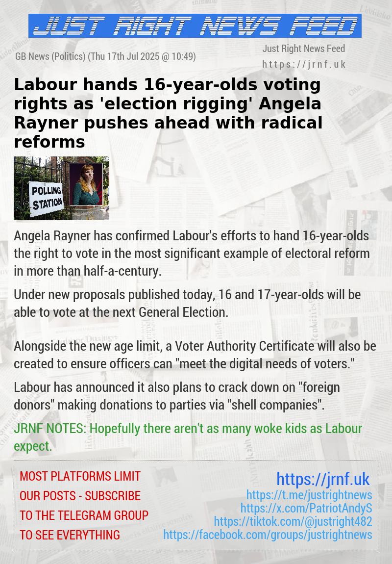 Labour hands 16—year—olds voting rights as ’election rigging’ Angela Rayner pushes ahead with radical reforms