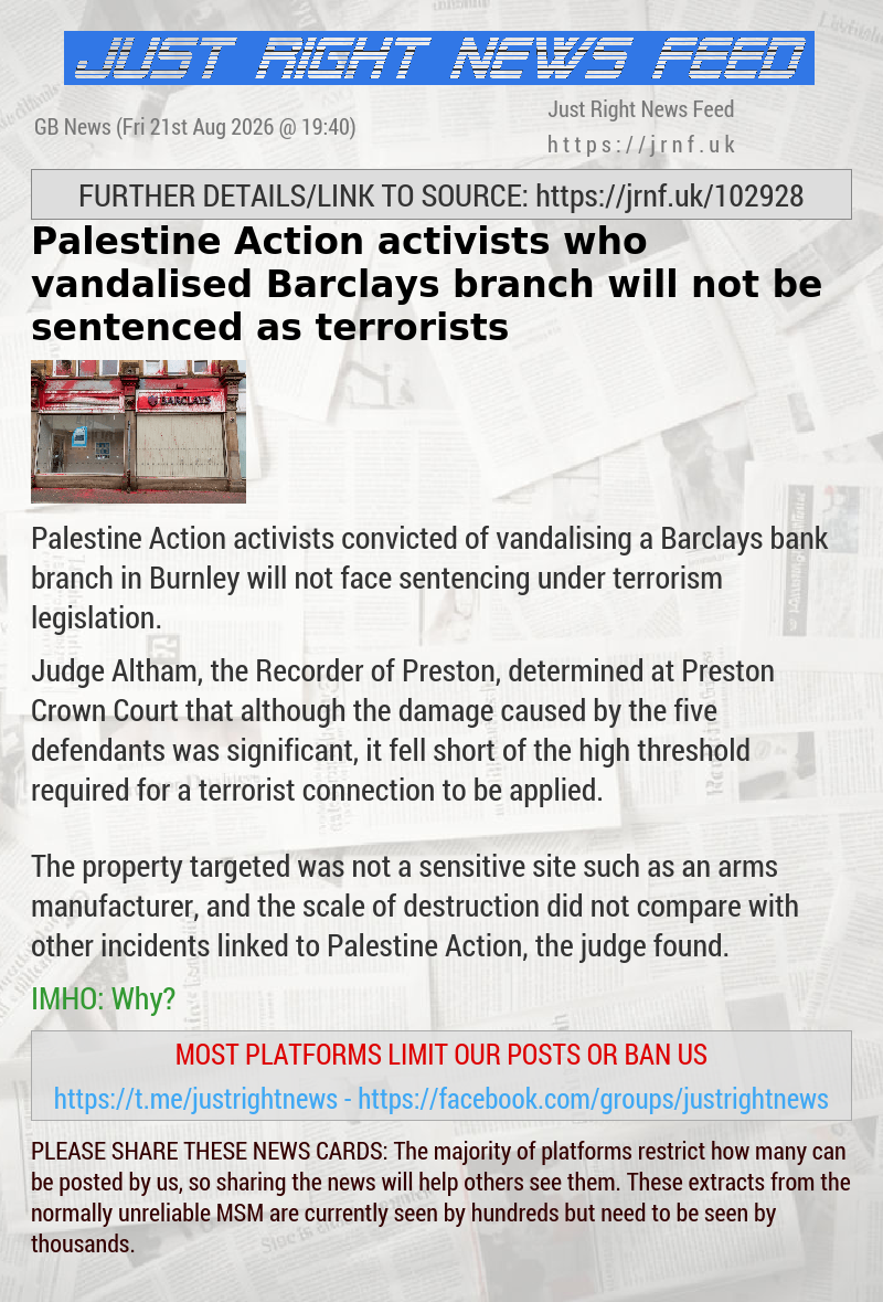 Palestine Action activists who vandalised Barclays branch will not be sentenced as terrorists