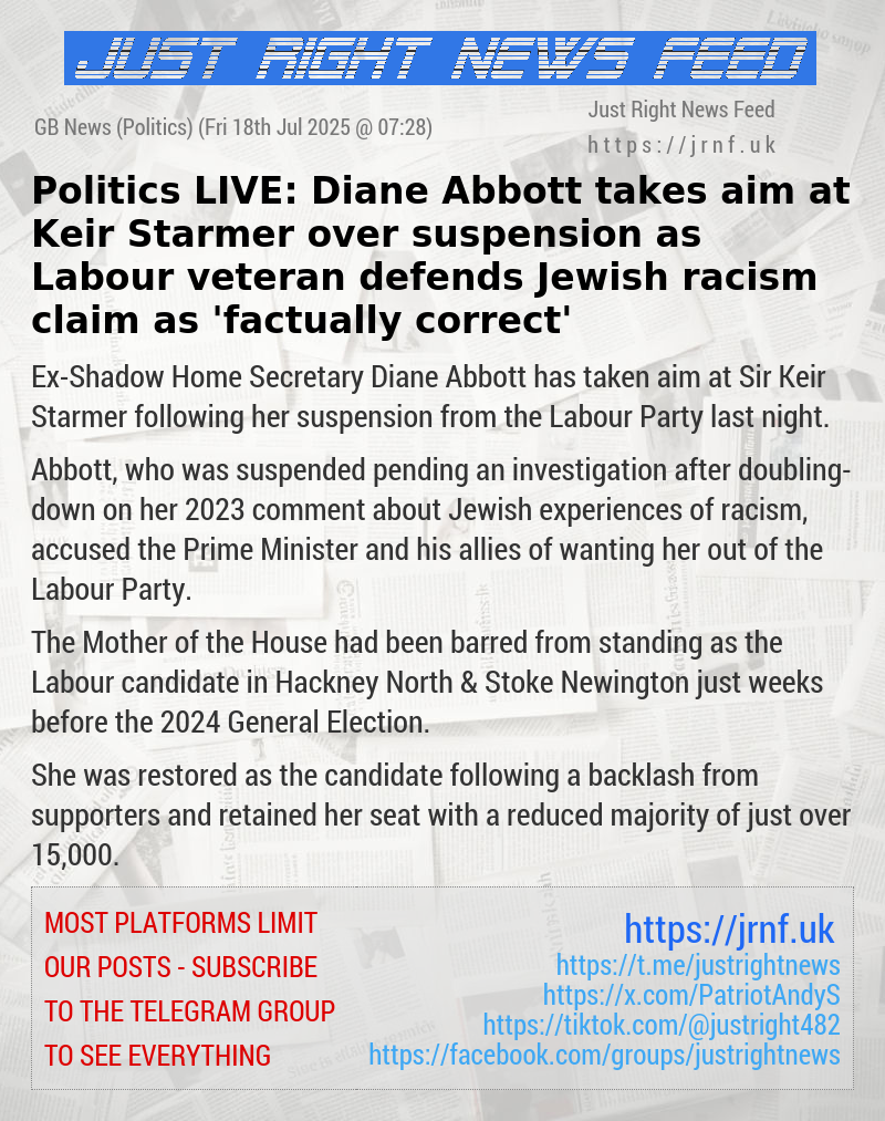 Politics LIVE: Diane Abbott takes aim at Keir Starmer over suspension as Labour veteran defends Jewish racism claim as ’factually correct’
