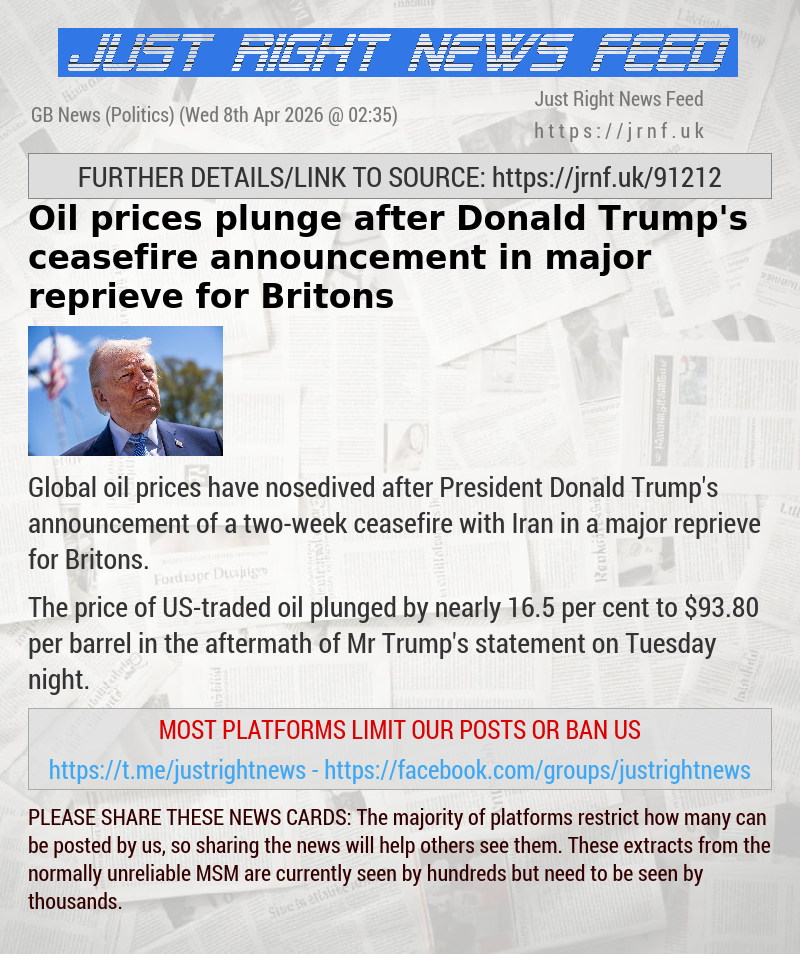 Oil prices plunge after Donald Trump’s ceasefire announcement in major reprieve for Britons