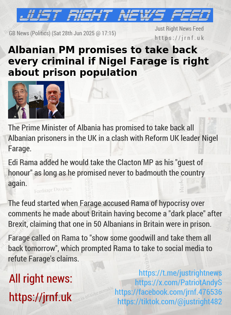Albanian PM promises to take back every criminal if Nigel Farage is right about prison population